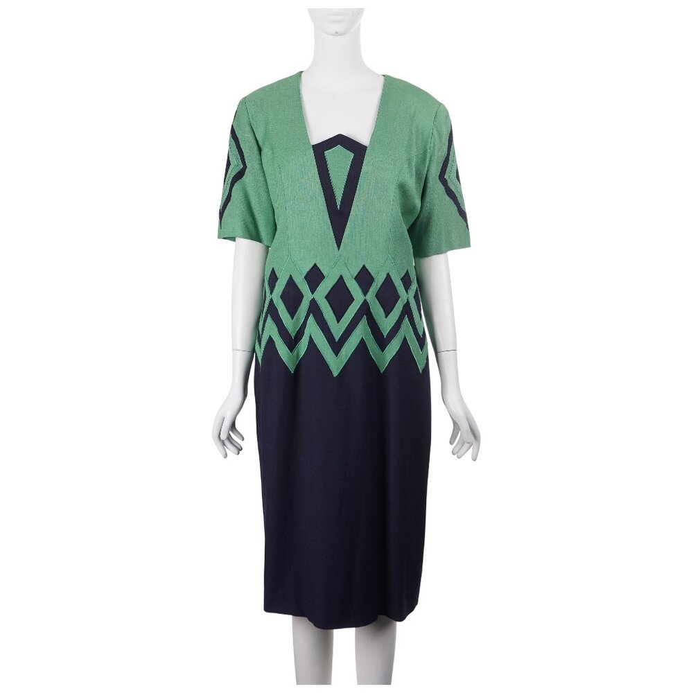 PIA RUCCI Vintage 80s Women Dress 10 Navy Blue Green Linen Blend Secretary Shift
